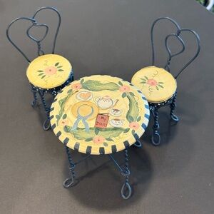 Handpainted Mini Wire Bistro Set with Floral Tea Motif - Yellow